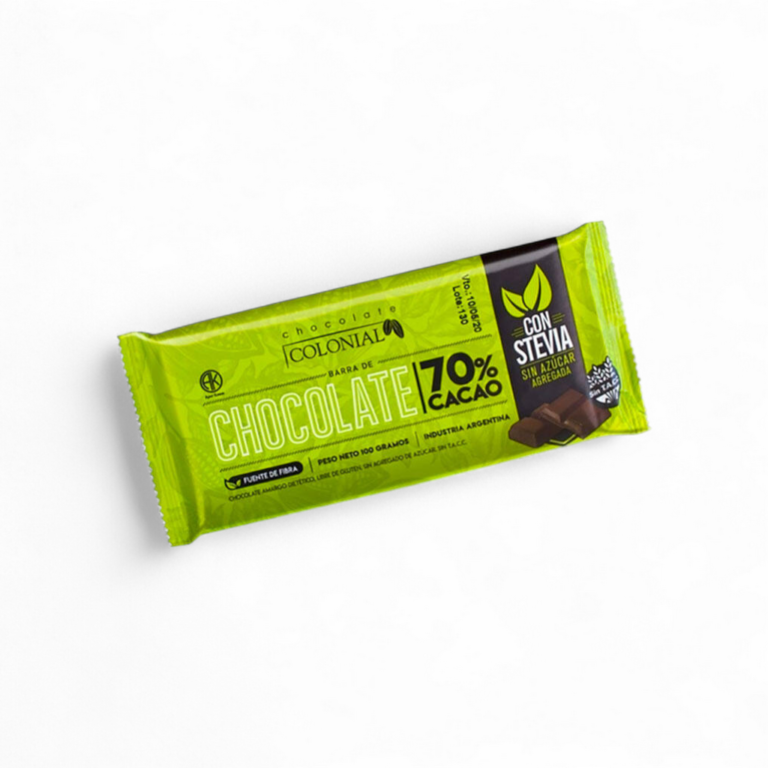 Chocolate Colonial 70% cacao 100 g con stevia – sin azúcar agregada