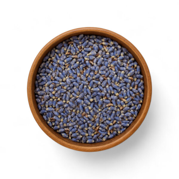 Flor de lavanda seca en hebras a granel en cuenco de madera