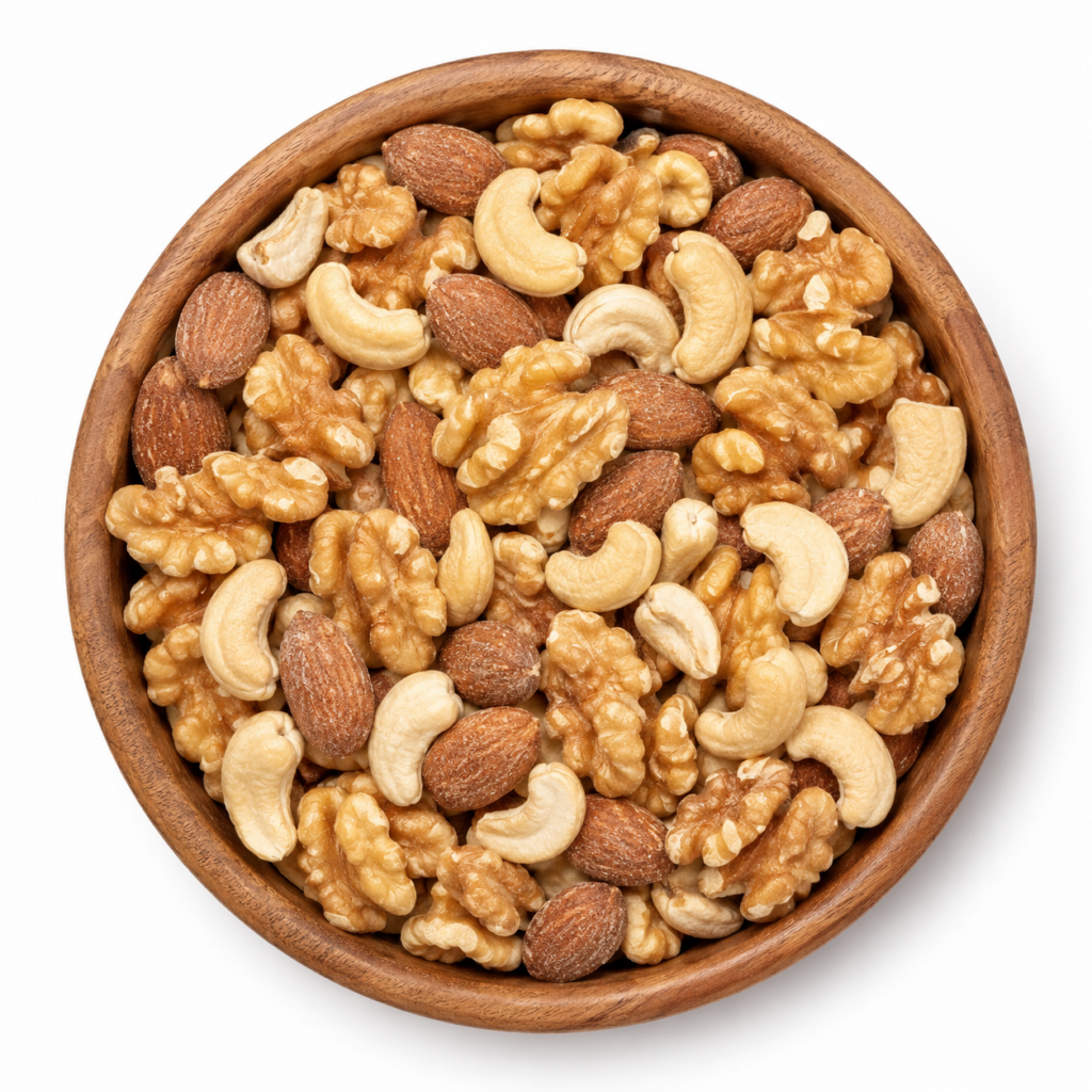 mix frutos secos premium en un bowl de madera visto desde arriba, con nueces, castañas y almendras