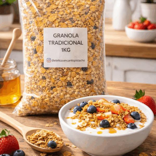 granola tradicional sobre mesa de madera con un bowl de yogur