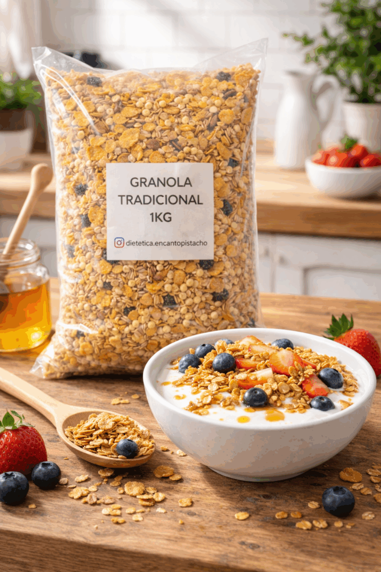 granola tradicional sobre mesa de madera con un bowl de yogur