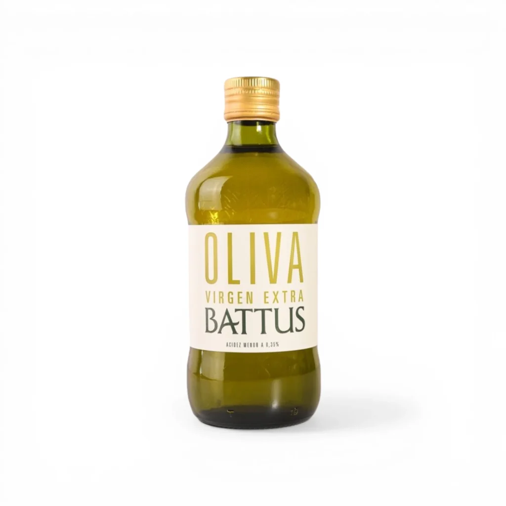 Aceite de oliva extra virgen Battus 500 ml botella vidrio fondo blanco