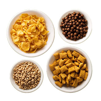 Cereales de maiz, almohaditas, copos de chocolate, copos de avena