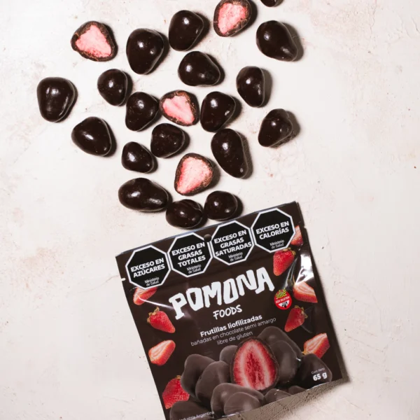 Frutillas liofilizadas bañadas en chocolate semiamargo x 65 g - Pomona