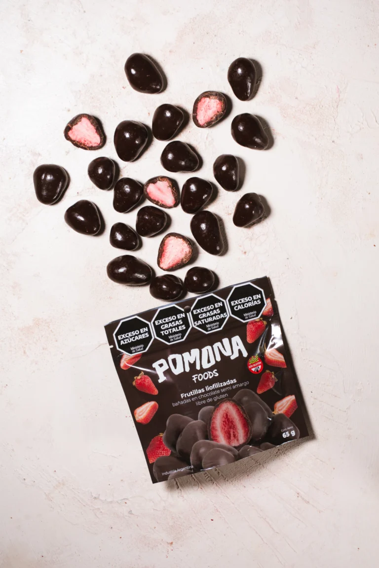 Frutillas liofilizadas bañadas en chocolate semiamargo x 65 g - Pomona
