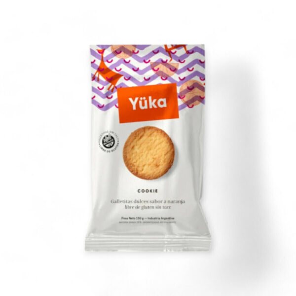 Paquete de galletitas dulces sabor a naranja libre de gluten sin tacc marca Yüka